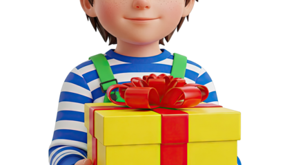 Smiling Cartoon Boy Holds a Bright Yellow Gift Box with Red Ribbon