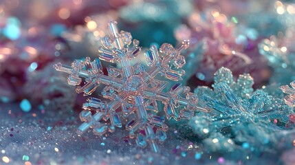 Beautiful Macro Shot of Snowflake on Colorful Glitter Background
