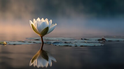 White Lotus Flower Reflecting on Calm Water Surface.