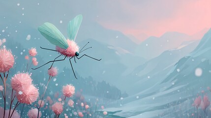 Colorful Insect in Fantastical Landscape with Snowy Mountains
