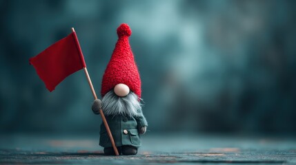 A whimsical gnome figure with a red hat and flag, standing against a blurred blue background, creating a charming and playful atmosphere.