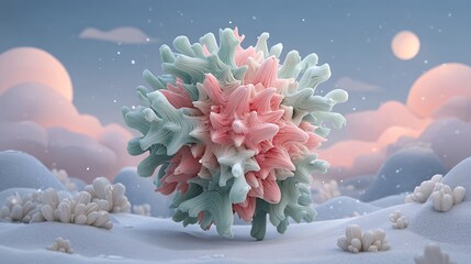 Colorful Abstract Coral Sculpture in Dreamy Snowy Landscape