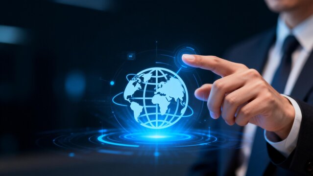 Businessman interacting with digital globe - Powered by Adobe