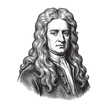 Engraved Portrait of Isaac Newton with Long Wig and Seventeenth-Century Attire
