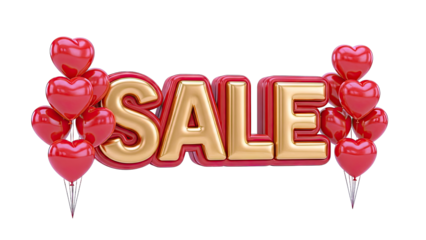 3D "SALE" text with red heart balloons