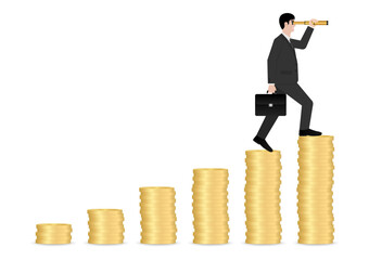 Businessman using Telescope on Coin Stack looking for New Opportunity. Business Opportunity and Future Career Concept. Vector Illustration.