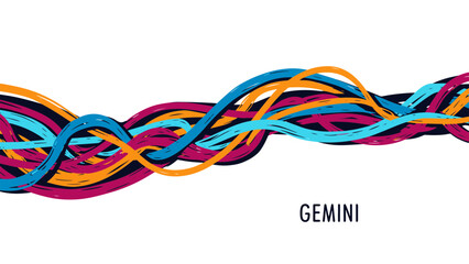 Dynamic abstract art featuring intertwined lines, symbolizing the dual nature of the Gemini Zodiac sign with vibrant energy and modern style