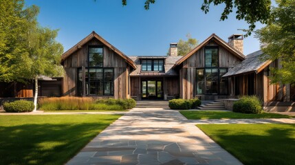 Timber framed countryside house with slanted rooflines large symmetrical windows neat stone pathway guiding toward entry trimmed grass