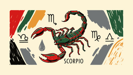 Intricate Scorpio Zodiac sign illustration, featuring a detailed scorpion and its astrological constellation symbols in a textured artwork © Bayani