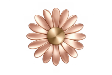 Rose gold metallic flower design with shiny bronze center, creating a glamorous luxury floral element with a transparent background