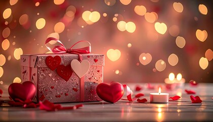 A romantic scene showcases a gift box with heart decorations, a candle, and blurred lights in the background. Scattered rose petals