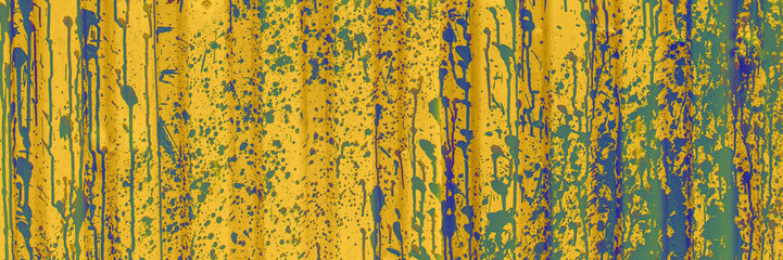 Yellow and Blue Paint Splatter on Corrugated Metal. Colored abstract backdrop.