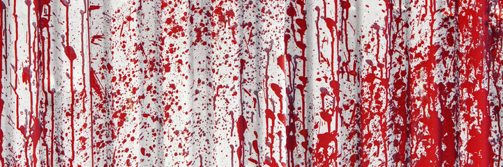 Red Paint Splatter on Corrugated Metal. Banner. Abstract background.