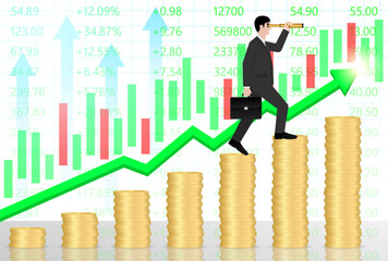 Businessman using Telescope on Coin Stack looking for New Opportunity. Business Opportunity and Future Career Concept. Vector Illustration.