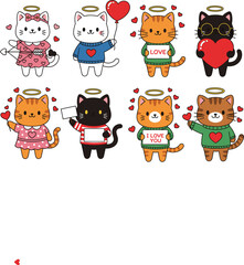 Cute Kawaii Valentine Cat Angel Vector Set with Hearts Cupids Bow Balloons and Love Signs for Romantic Greeting Cards