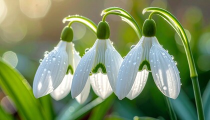 Beautiful white snowdrops are blooming in the garden