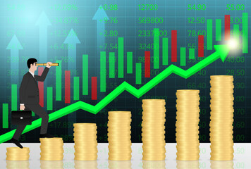 Businessman using Telescope on Coin Stack looking for New Opportunity. Business Opportunity and Future Career Concept. Vector Illustration.