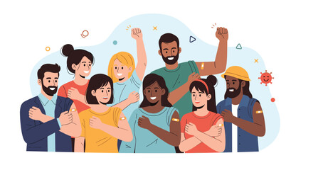 Diverse group of happy and vaccinated people showing bandages on their arms to promote vaccination and public health safety.