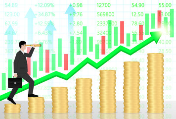 Businessman using Telescope on Coin Stack looking for New Opportunity. Business Opportunity and Future Career Concept. Vector Illustration.