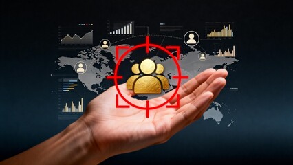 Hand holding target icon with world map