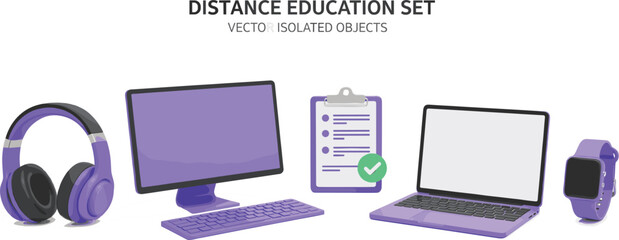 Distance Education Set With 3D Vector Objects Including Laptop Computer Headphones Smartwatch And Clipboard For Online Learning Design