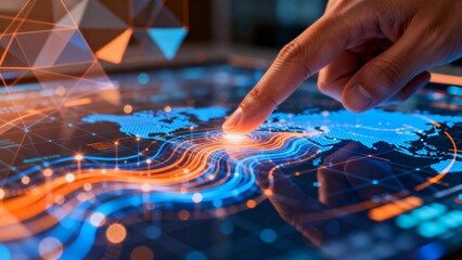 Hand interacting with digital world map