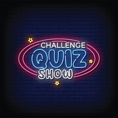 Obraz premium quiz show neon signboard with brick wall background vector