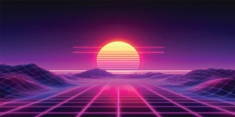 Fotobehang Warm Paars An orange sunset reflects over a summer ocean as a ufo and space station drift from the glowing sun toward a red horizon  © Midul