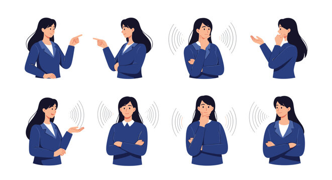 Set of eight illustrations showing a businesswoman in various poses and expressions, such as pointing, thinking, and listening.