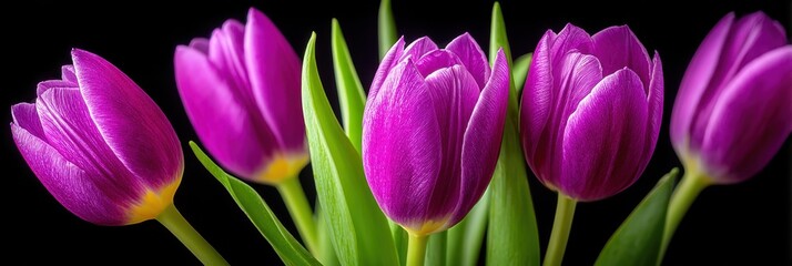 Vibrant purple tulips against a dark backdrop 