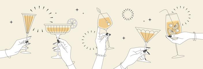 Line art hands with cocktails and firework. Cocktail party. Celebration toast with cocktail glasses. Flat design. Vector illustration