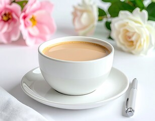 Fototapeta premium Creamy tea, white cup & saucer, roses & a pen on white