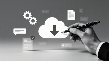 Hand holding pen near cloud download icon