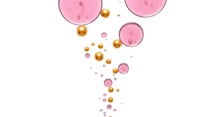 Pink and gold abstract bubbles and circles with metallic accents on transparent background for celebration and party design