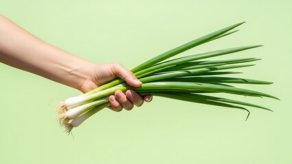 hand holding fresh scallions