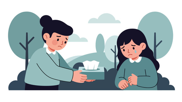 Modern flat vector of a child showing sympathy to a friend, give tissue, ideal for empathy lessons, emotional charts, and social-emotional learning resources