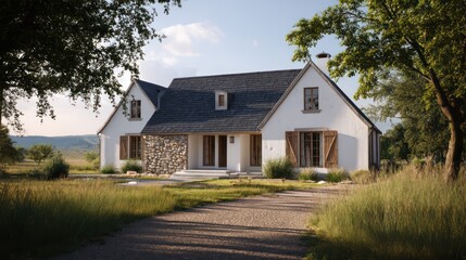 Obraz premium Traditional countryside farmhouse painted white with steep gabled roof stone base and timber shutters Straight gravel path anchors