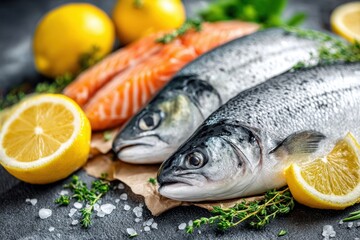 Fresh seafood arrangement with salmon, mackerel, and lemon slices