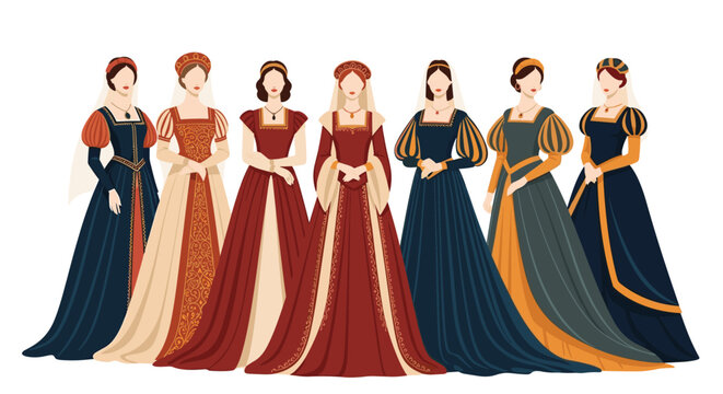 Group of elegant noblewomen from the Middle Ages or Renaissance period wearing beautiful and ornate historical dresses.