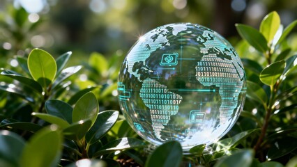 Glass globe with digital data in greenery