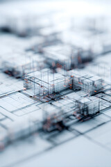 建築設計図と模型に重なるAIデータフローのイメージ（縦）
