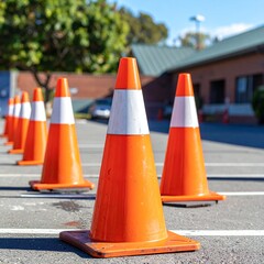 Bright Orange Traffic Cones Lined Up on Pavement for Road Safety.