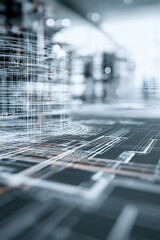 建築設計図と模型に重なるAIデータフローのイメージ（縦）
