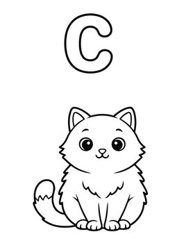 Letter C Coloring Book Page for Kids with Cute Cat. Vector Outline Illustration.