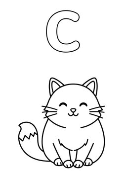 Letter C Coloring Book Page for Kids with Cute Cat. Vector Outline Illustration.