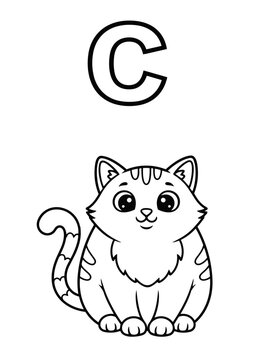 Letter C Coloring Book Page for Kids with Cute Cat. Vector Outline Illustration.
