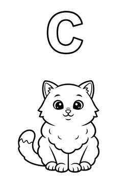 Letter C Coloring Book Page for Kids with Cute Cat. Vector Outline Illustration.