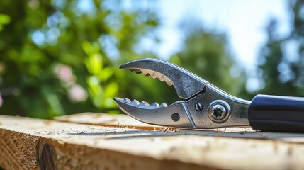 Close up of gardening tool on wooden surface in garden during sunny day with greenery in background showing detail of tool