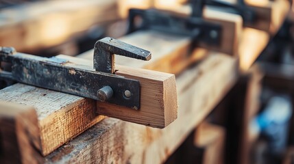 Woodworking tools are used in a workshop for creating wooden structures and furniture during daylight hours