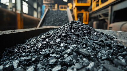 Naklejka premium Coal pile in industrial site during daytime with machinery for transport in background